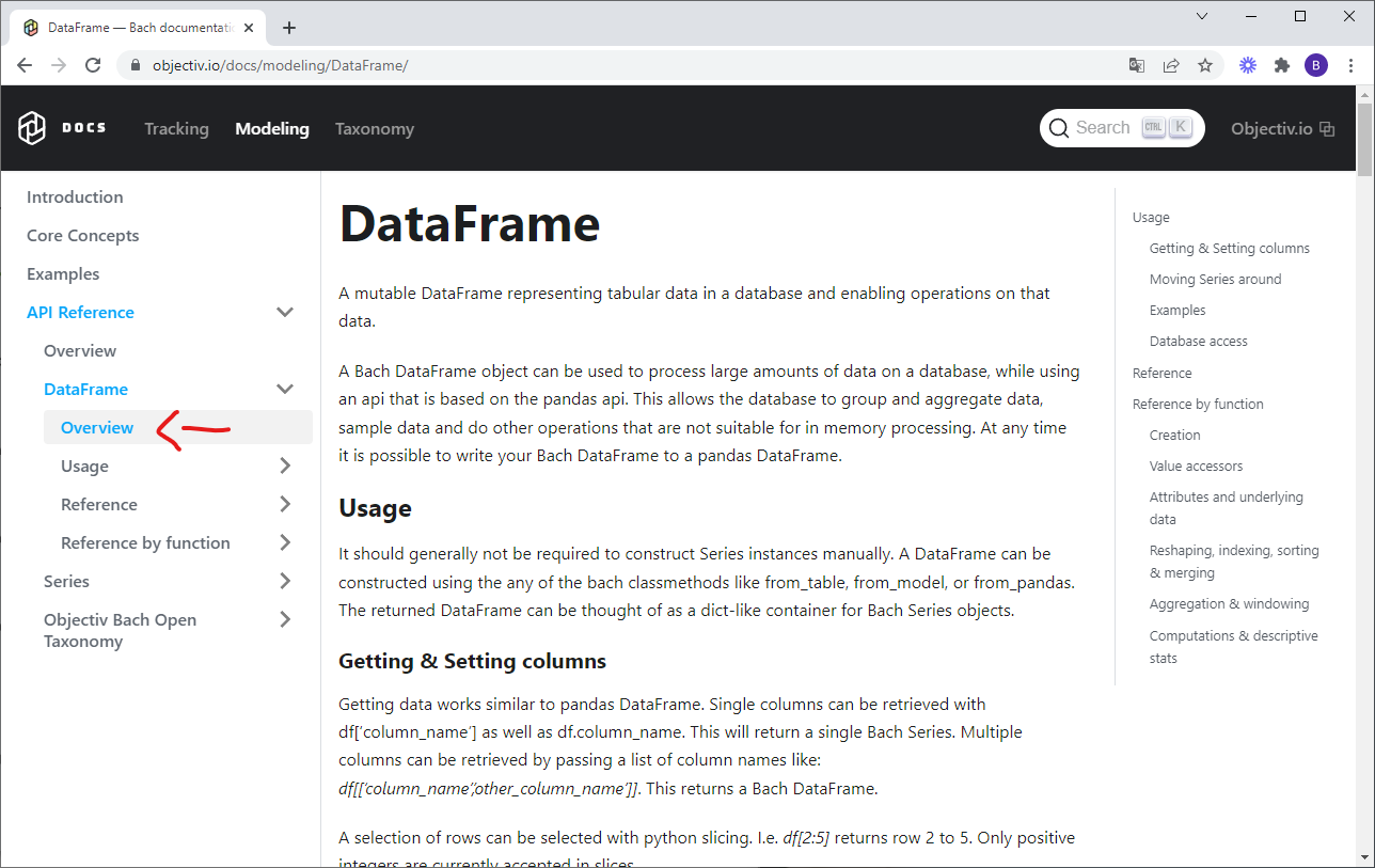 A click on 'Overview' in the DataFrame section of the API reference 