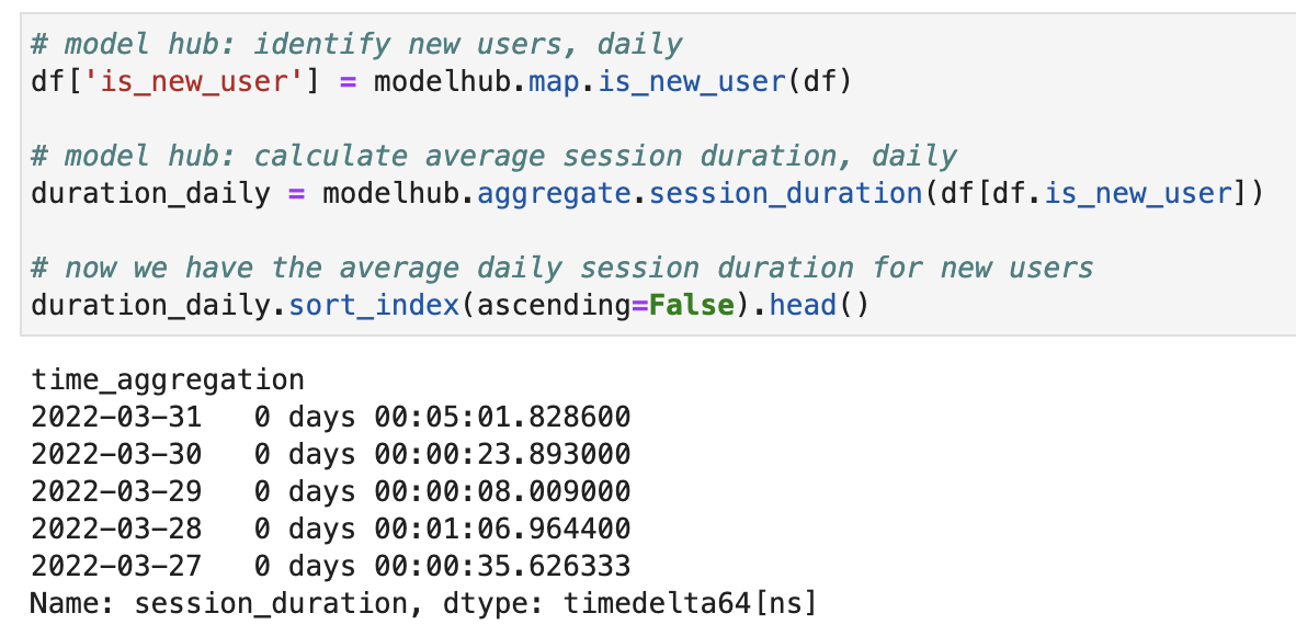 Avg. daily session duration for new users in a notebook, with the model hub